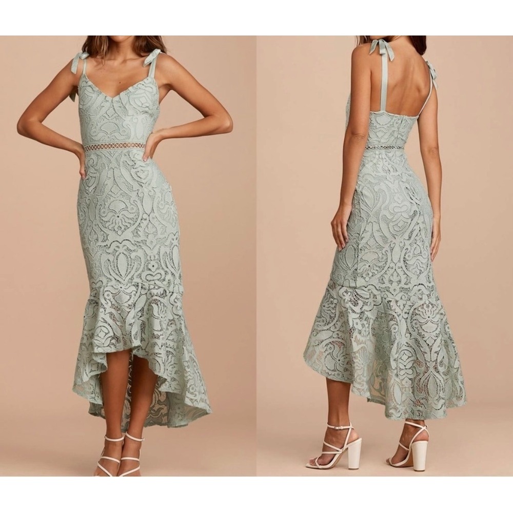 NWT Lulus Won Your Heart Green Lace Tie-Strap High-Low Midi Dress Crochet Medium